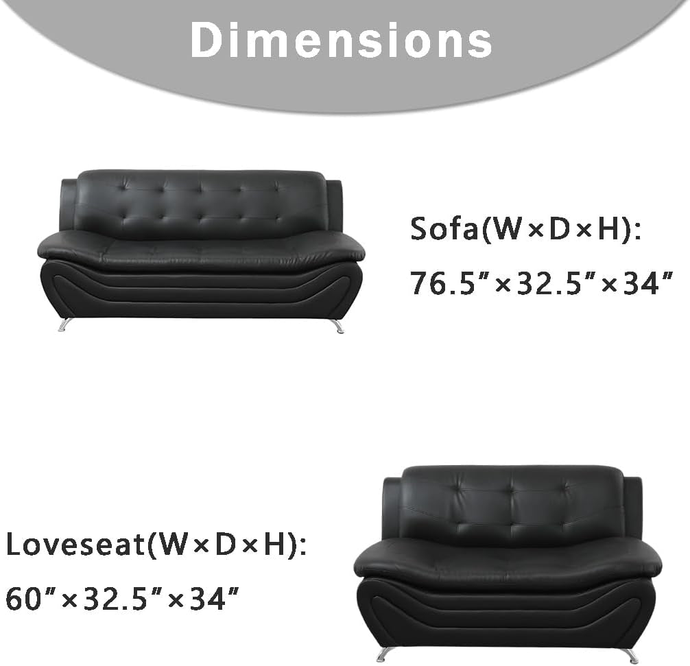 Leather Couches for Living Room, Living Room Couch Set, Sofa for Bedroom, Apartment, Living Room Furniture Sets (A-Leather Black, Sofa+Loveseat)-4