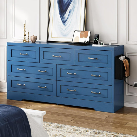 Drawers TV Stand for 65 Inches with Power Outlets -Chest of Drawers Dresser with Side Organizer Bag Entertainment Center TV Console, Blue-0