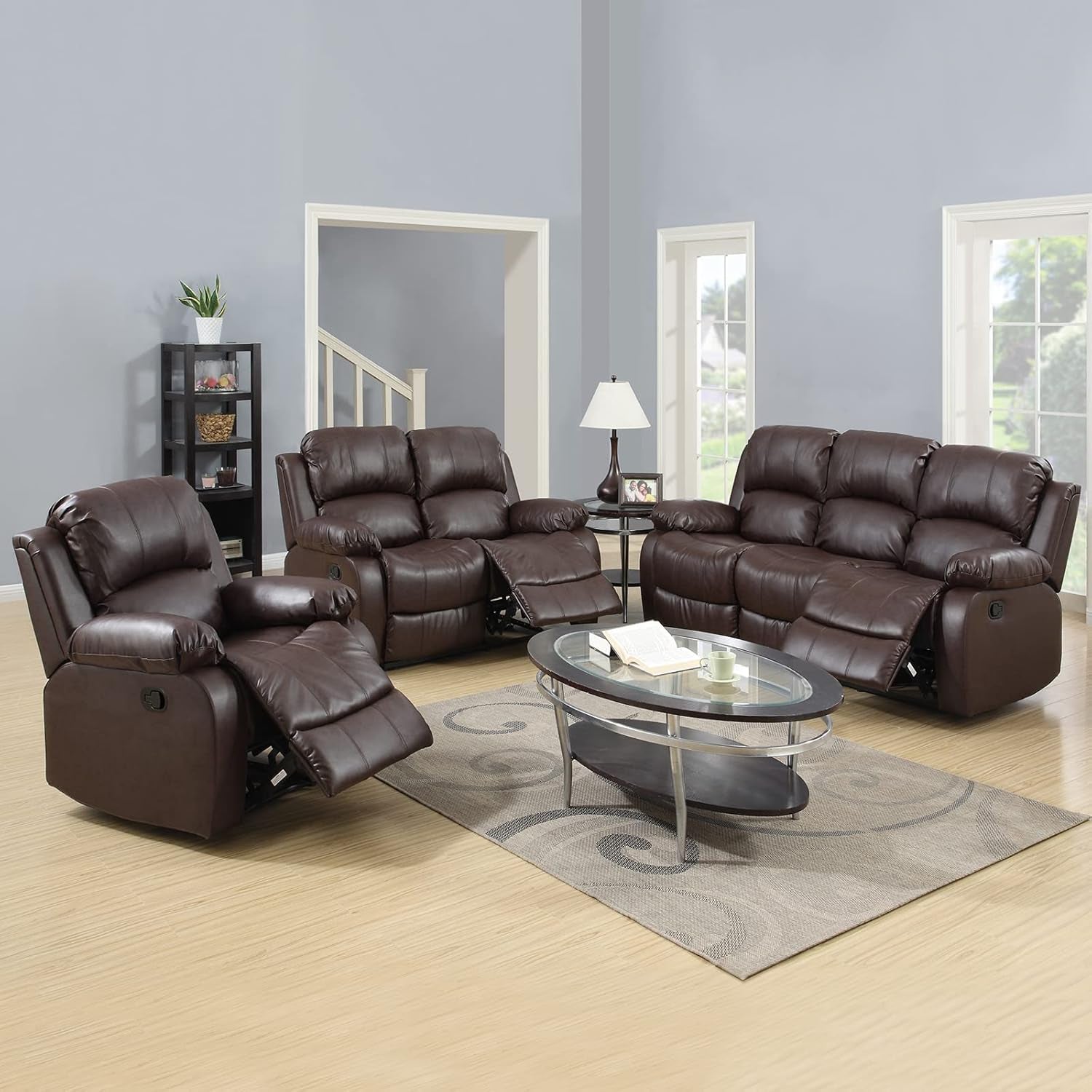 Luxury Recliner Sofa Living Room Set Reclining Sofa and Loveseat Chair Sets Living Room Furniture Sets Recliner Couches for Living Room/Office (A-Brown Leather, 3 Piece Set)-0