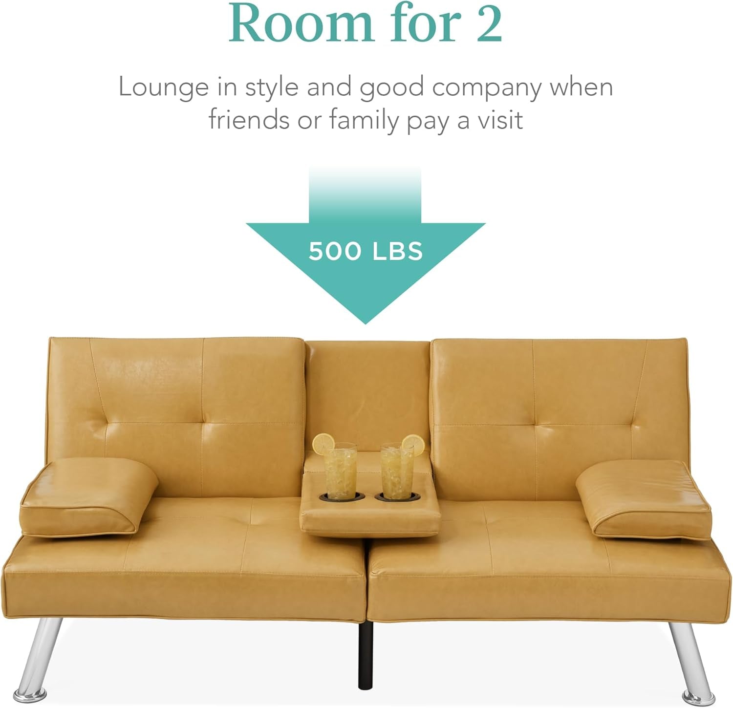 Faux Leather Upholstered Modern Convertible Futon, Adjustable Folding Sofa Bed, Guest Bed W/Removable Armrests - Camel Yellow-3