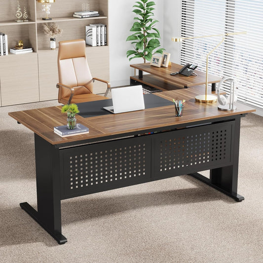 63 Inch Brown Black L Desk Storage-0