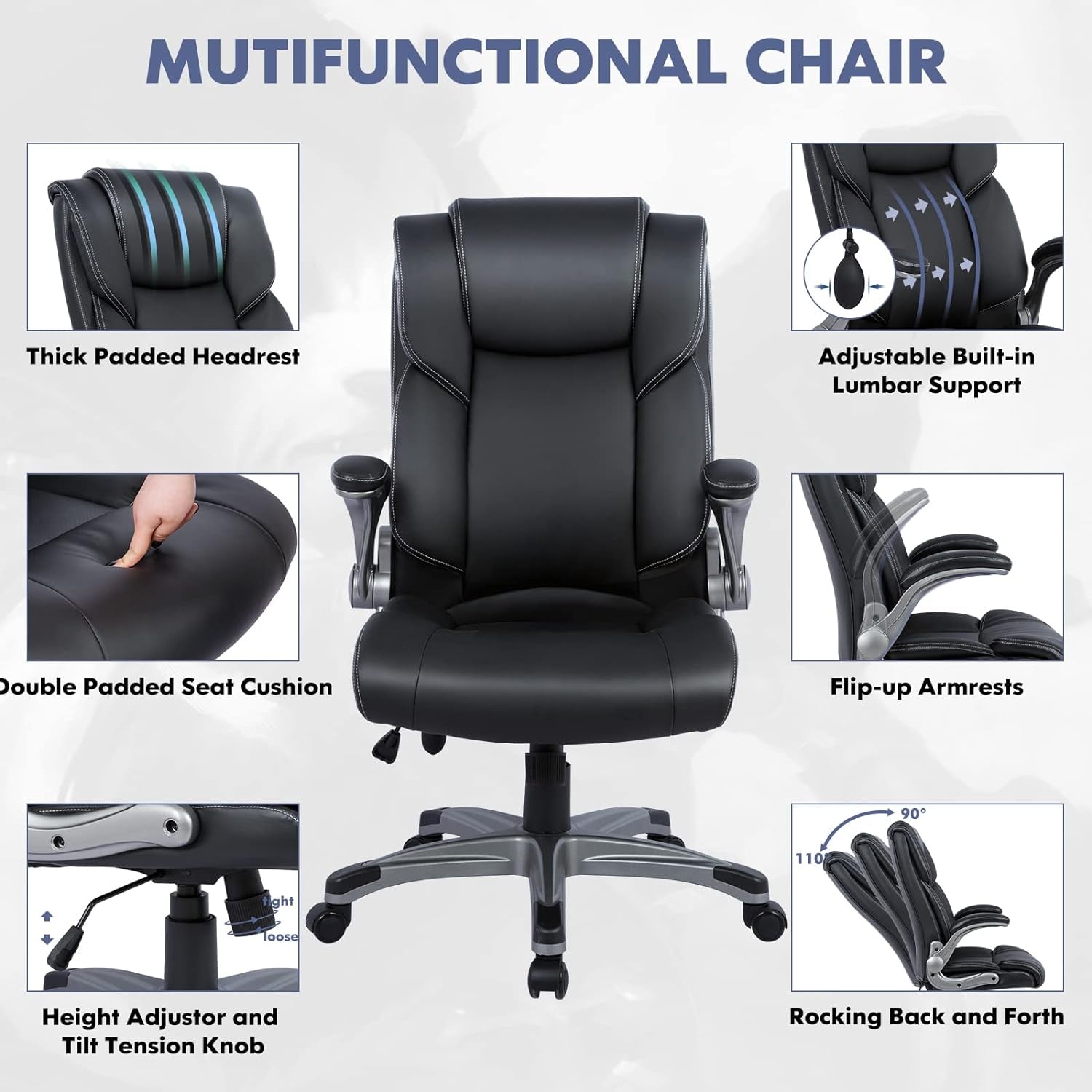Black Leather Office Chairs, High Back, Flip-Up Arms, 2-Pack-3