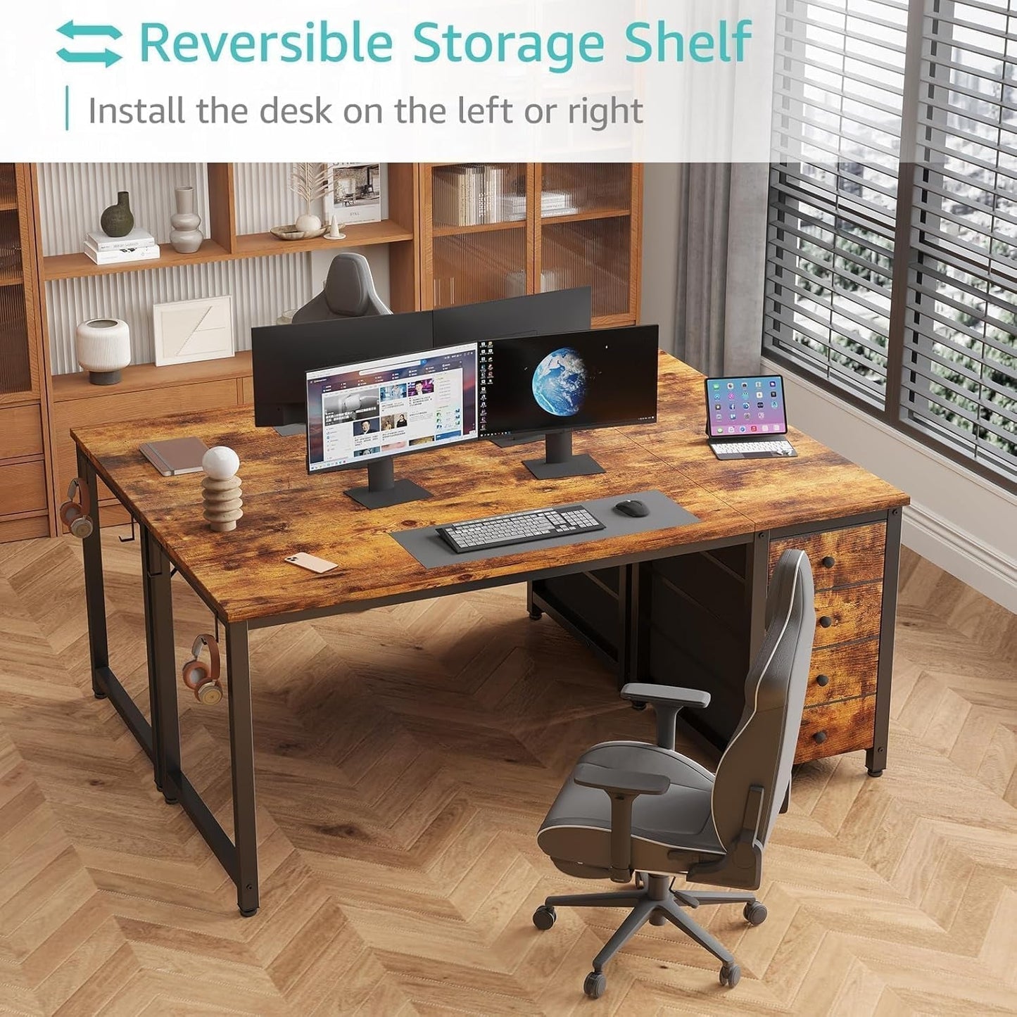 Computer Desk with Fabric Drawers - 55 Inch Long Study Work Writing Desk for Home Office Bedroom, Simple Modern Cute PC Desks with Drawer, Rustic Brown-3