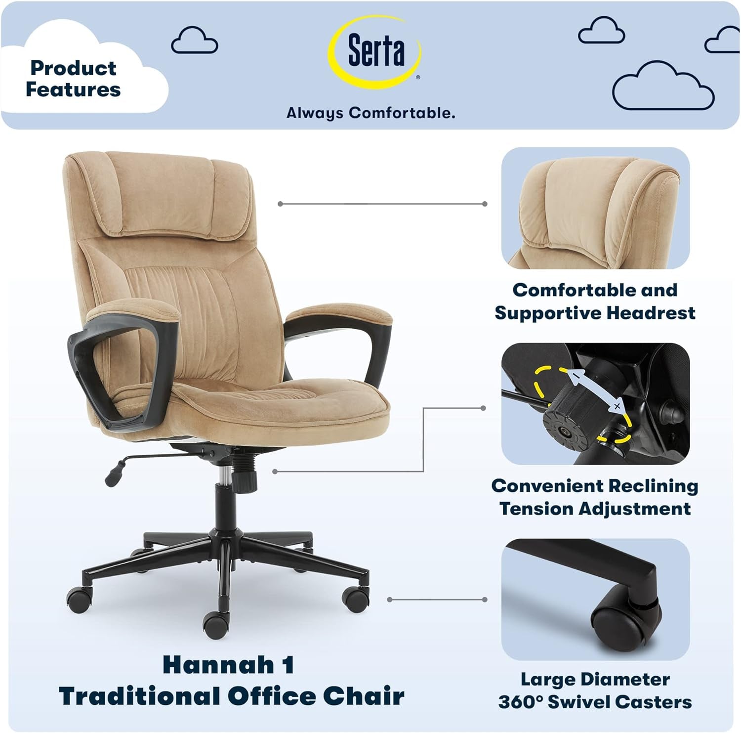 Hannah Executive Home Office Desk Chair, Ergonomic Mid-Back with Lumbar Support, Firm Seat Cushion, Layered Body Pillows, Padded Armrests, Swivel Base, Easy Assembly, Microfiber/Beige-3