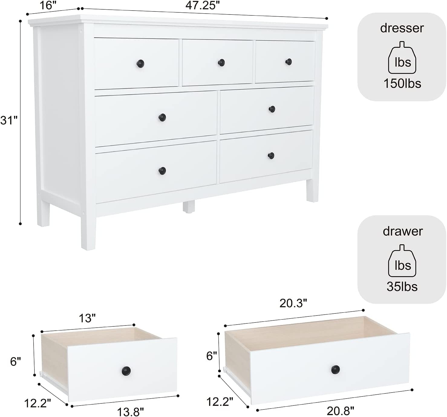 White 7-Drawer Modern Dresser with Solid Wood Legs-2