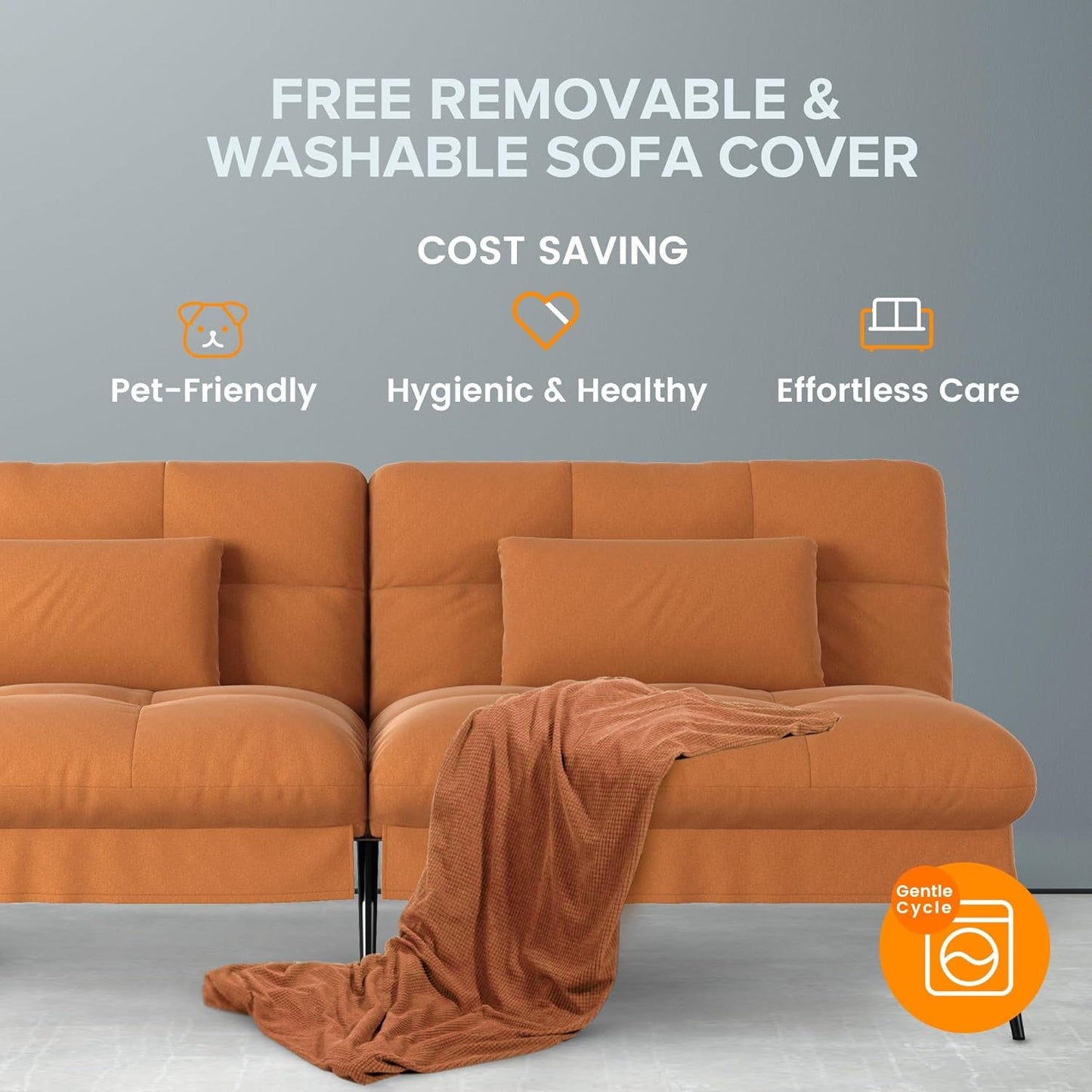 Convertible Futon Sofa Bed, 68″Fabric Futon Couch with Adjustable Backrest, Folding Futon Sleeper Recliner for Living Room Furniture (Orange Brown)-3