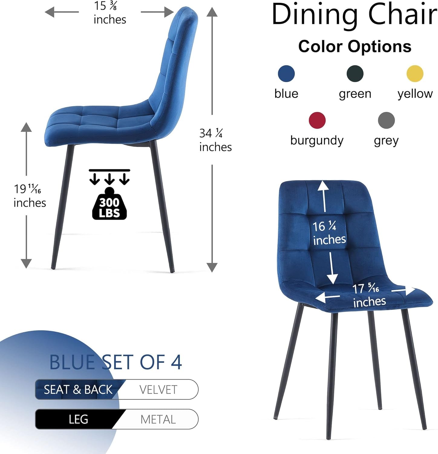 Navy Blue Velvet Dinner Chairs Set of 4, Modern Armless Biscuit Tufted Dining Side Chairs with Metal Legs for Kitchen Living Room Vanity-2
