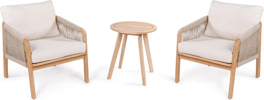 LVG1203A-3SET Aveiro 3-Piece Modern Bohemian Roped Acacia Wood Conversation Outdoor Patio Set with Cushions Coastal, Contemporary, Transitional, Rustic, Cottage, Beige/Light Teak-0