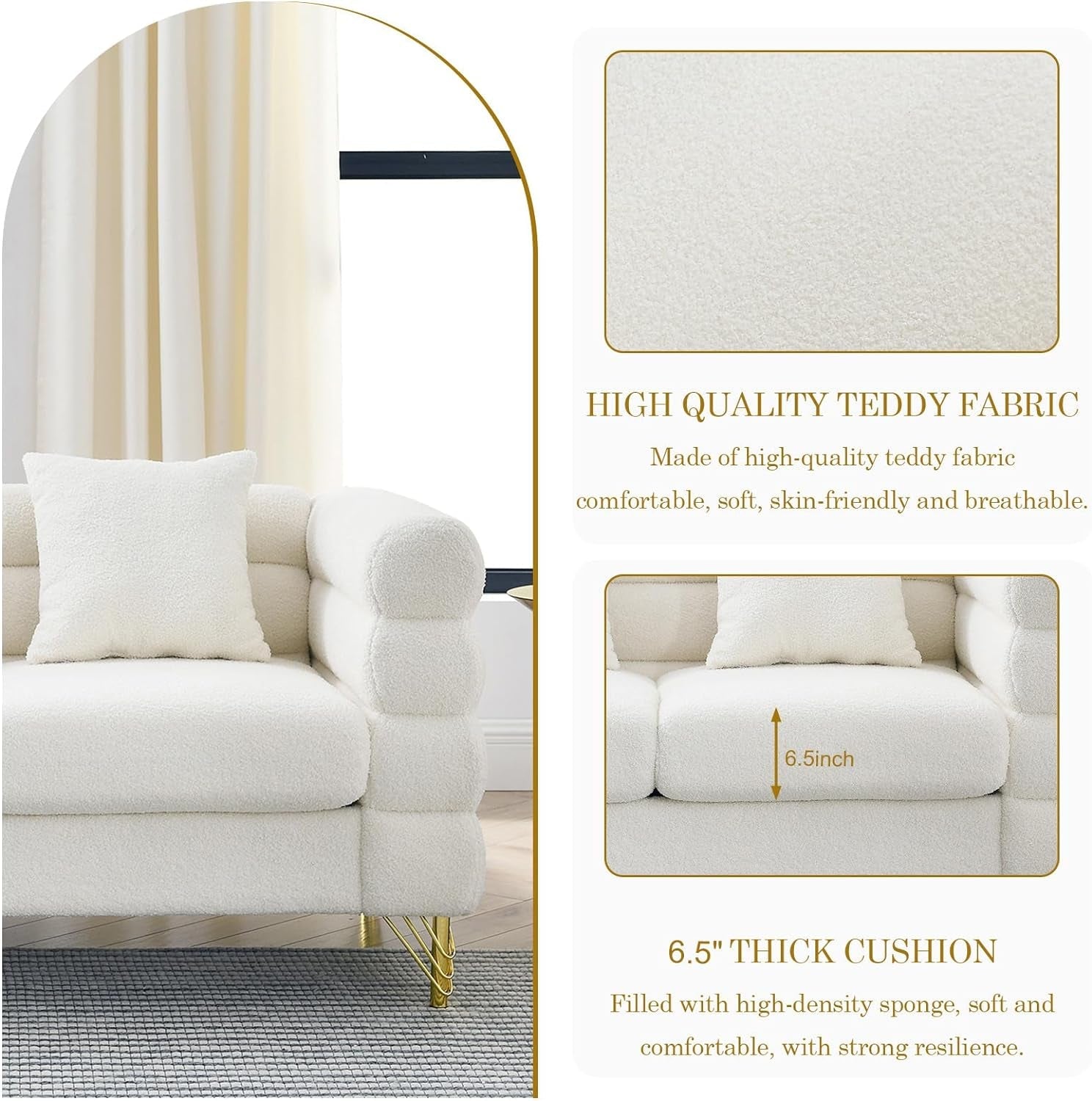 Sofa, 2 Pieces Sofa Set,Oversize 2/3 Seater Extra Deep Seat Sofa,Modern Upholstered Futon White Sofa Couch, Comfy Bouclé Cloud Sofa,Furniture for Living Room,Bedroom,Office,Apartment(White)-3