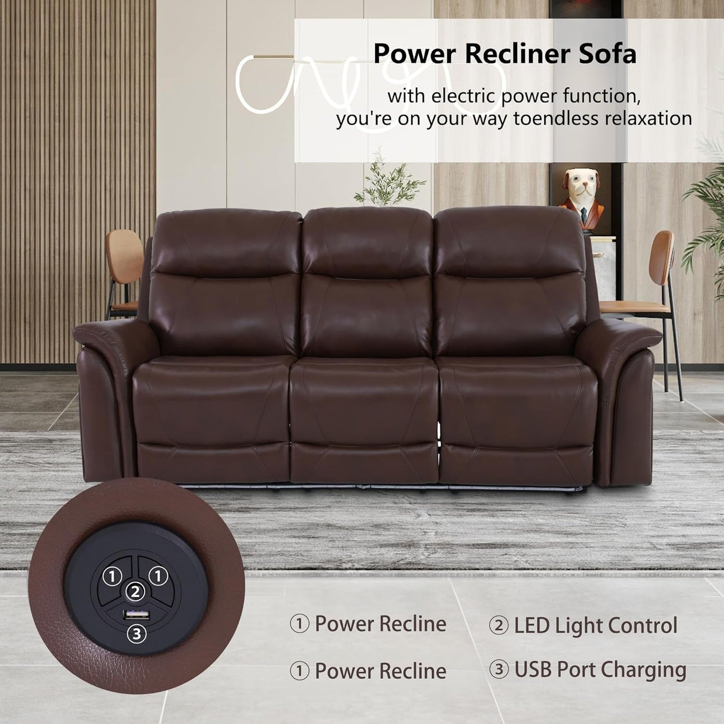 Power Recliner Sofa Set with LED, Breathing Leather Reclining Sofa Set, Living Room Set Recliner Couch Loveseat with USB Port/Cup Holder/Storage for Living Room (3 Pieces Couch Set, Brown)-2