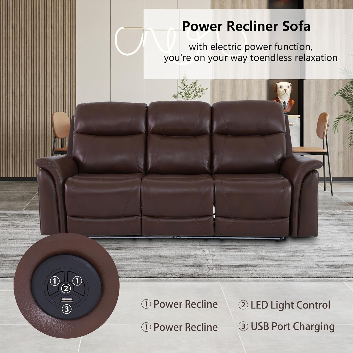 Power Recliner Sofa Set with LED, Breathing Leather Reclining Sofa Set, Living Room Set Recliner Couch Loveseat with USB Port/Cup Holder/Storage for Living Room (3 Pieces Couch Set, Brown)-2