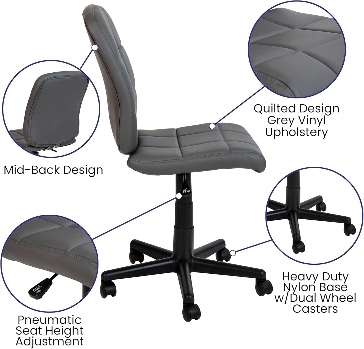 Clayton Mid Back Swivel Task Chair - Gray Vinyl Upholstery - Tufted Back and 360° Swivel-3