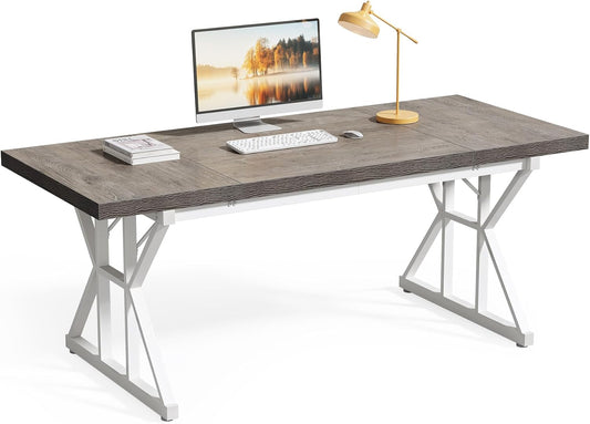 70.8-Inch Large Executive Desk, Modern Computer Office Desk, Wooden Writing Desk Study Table for Home Office, Grey-White-0