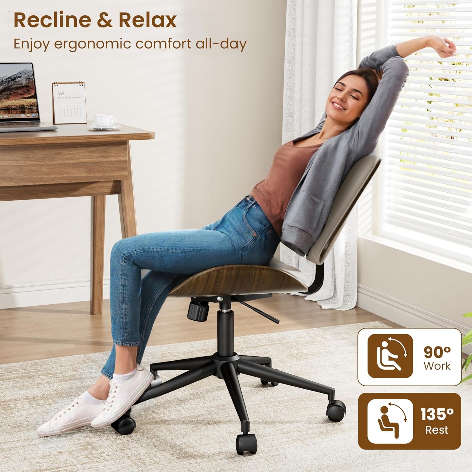 Beige Walnut Desk Chair, Armless, Wheels, Adjustable-3