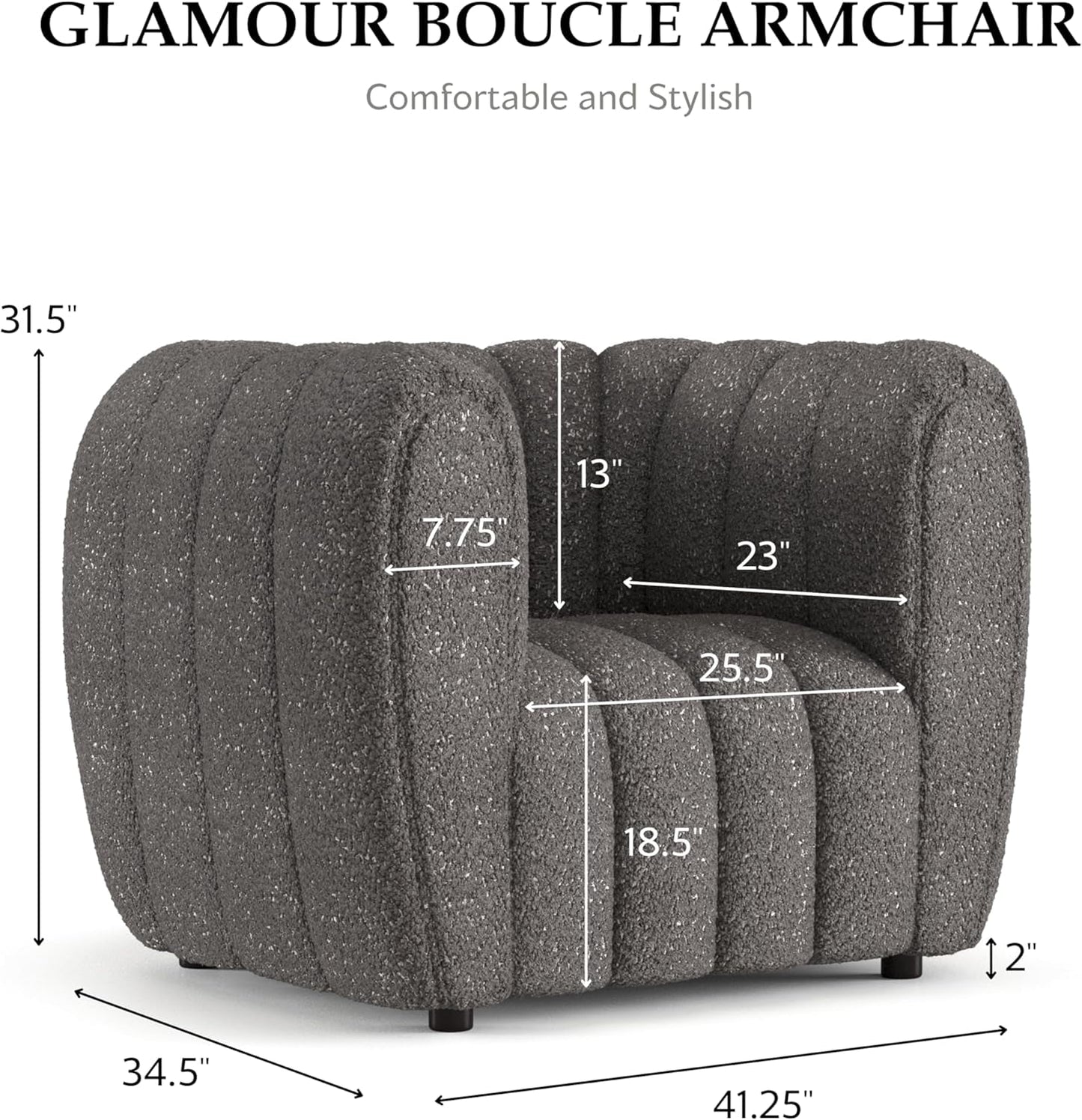 Glamour Contemporary Vertical Channel Tufted Boucle 3-Piece Sofa Set with Wooden Legs for Living Room, Home Office, Bedroom, Charcoal Gray-2