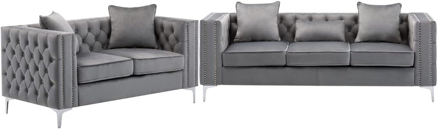 Lorreto Gray Velvet Fabric Sofa Loveseat Living Room Set-0
