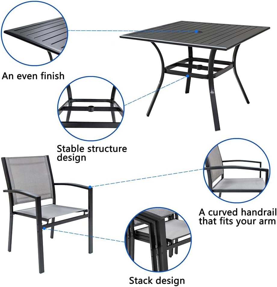 5 Piece Patio Dining Set,Outdoor Furniture 4 Textilene Chairs & 1 Square 38"X 38" Metal Slatted Table with 1.5" Umbrella Hole,Outside Porch Deck Balcony Backyard Set for 4-3