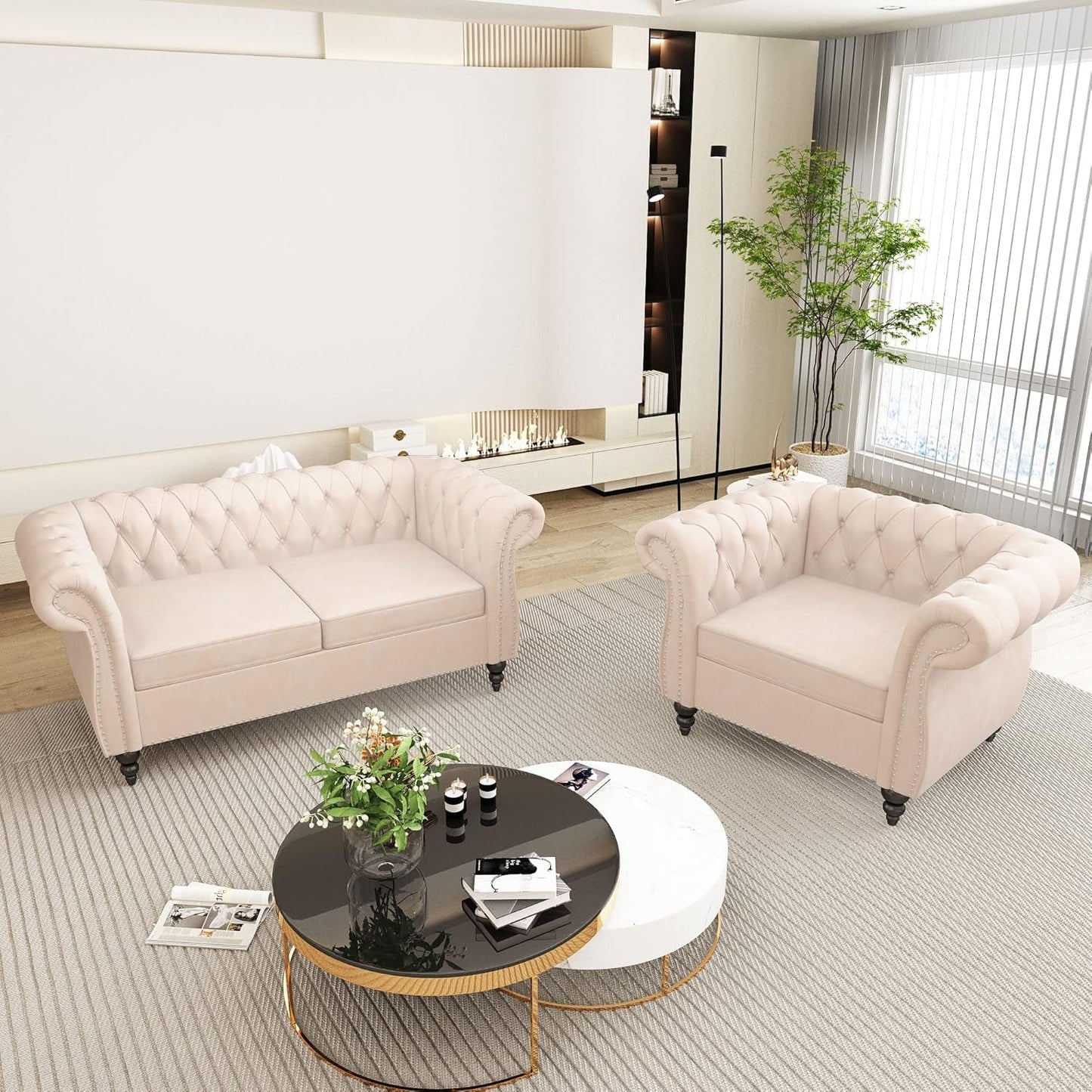 2 Piece Living Room Set, Chesterfield Velvet Sofa Loveseat Couch Chair with Scroll Arms and Nailhead for Living Room, Office (Beige, 1-2)-3