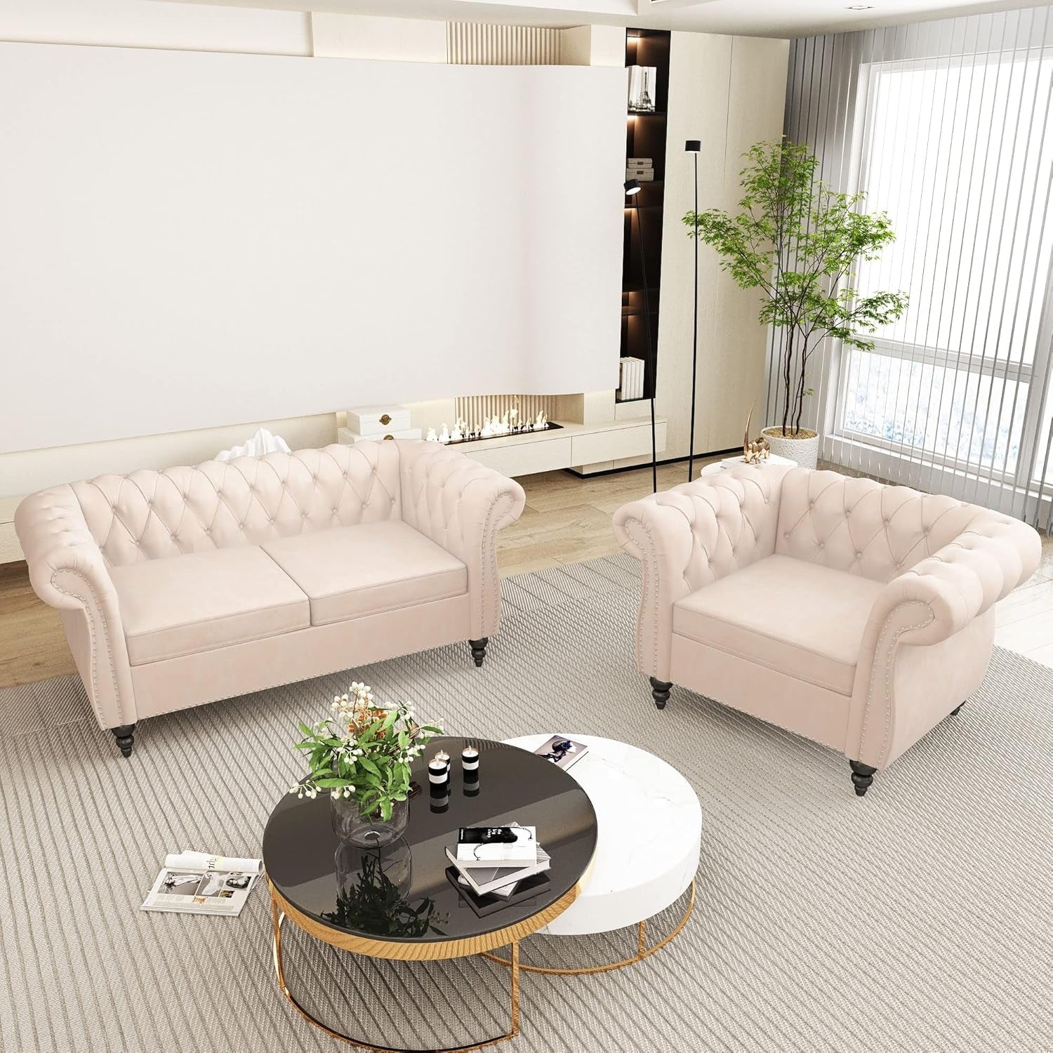 2 Piece Living Room Set, Chesterfield Velvet Sofa Loveseat Couch Chair with Scroll Arms and Nailhead for Living Room, Office (Beige, 1-2)-3