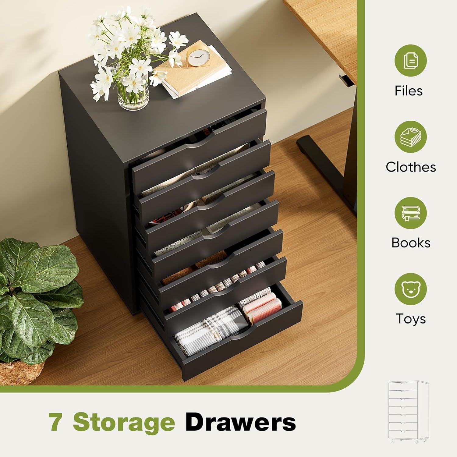 7 Drawer Chest Mobile Storage Cabinets Wooden Dresser with Wheels Room Organization Furniture for Office Home, Black Wood-4