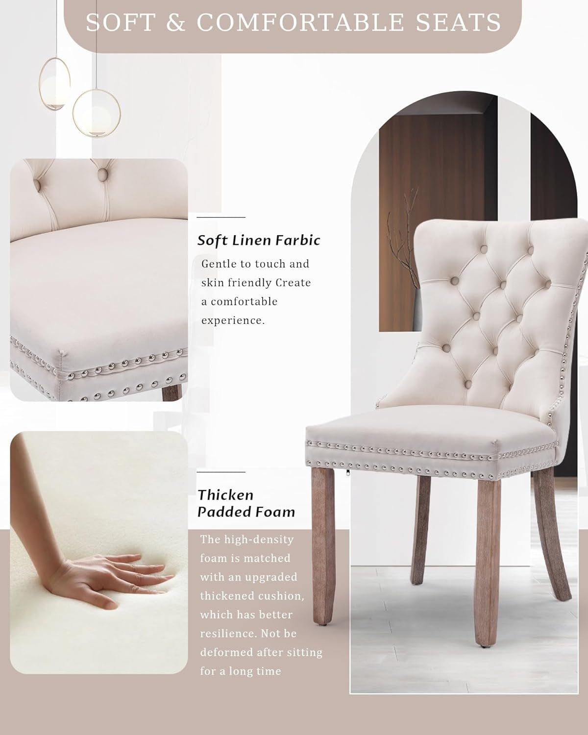 Velvet Dining Chair Set of 2 Upholstered Tufted Dining Room Chair with Nailhead Trim and Solid Wood Legs for Kitchen, Restaurant,Beige-2