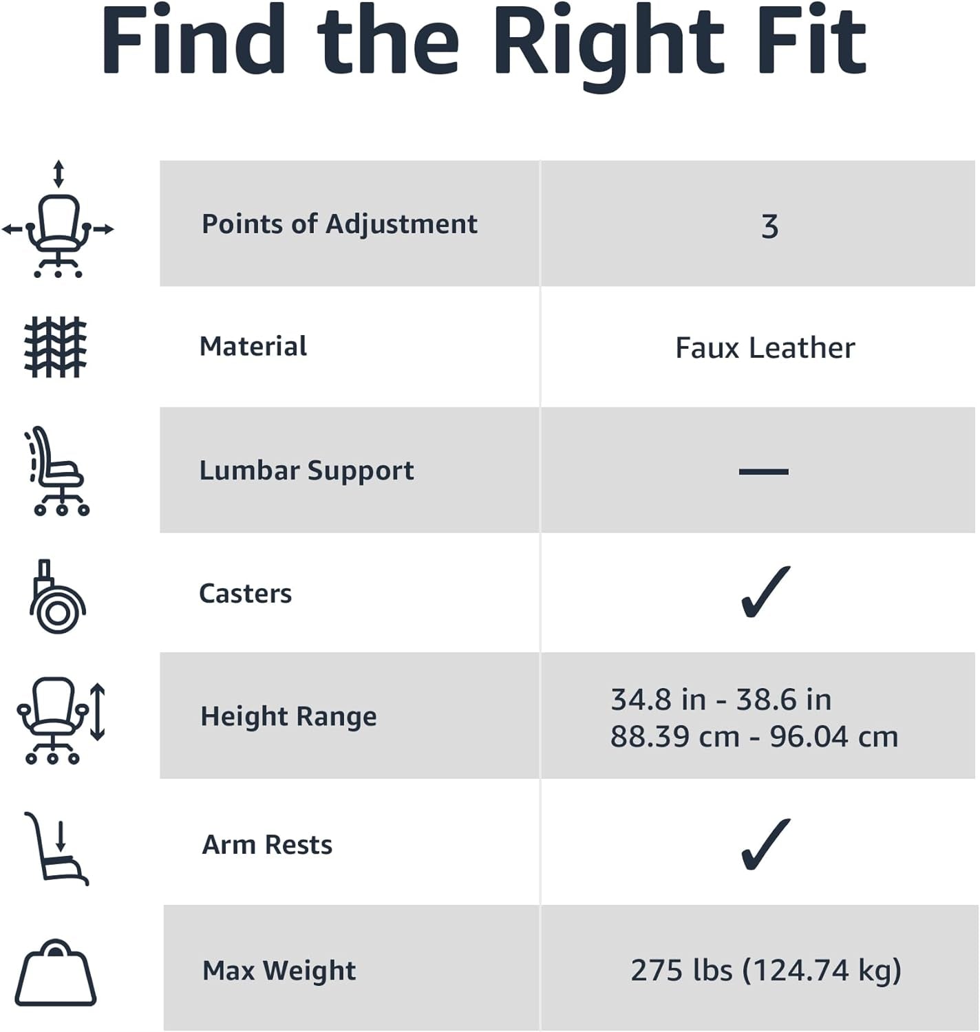 Office Computer Task Desk Chair with Padded Armrests, Mid-Back, Adjustable, 360 Swivel, Rolling, 275 Pound Capacity, BIFMA Certified, 24.2"D X 24"W X 34.8"H, Black Faux Leather-4