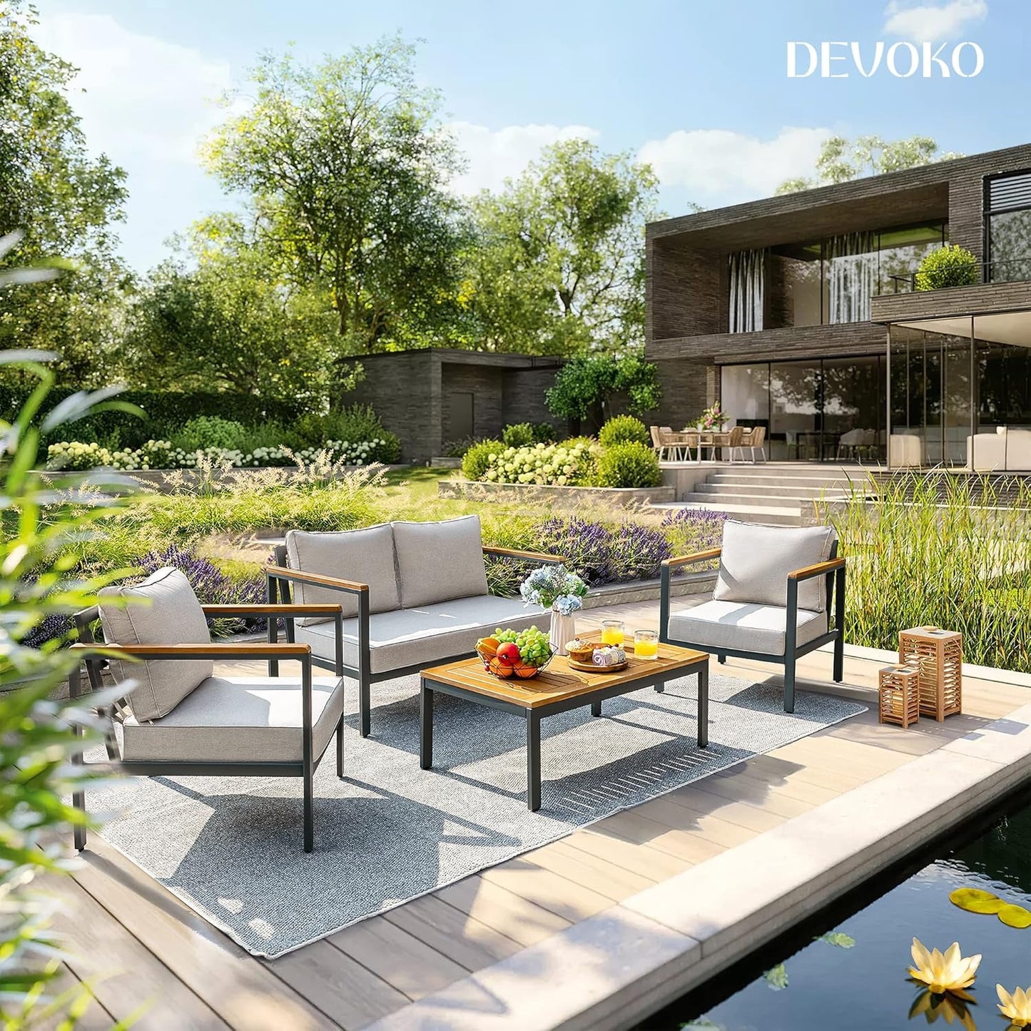 4 Pieces Patio Furniture Sets Outdoor Conversation Set Acacia Wood Sofa Set with Coffee Table Thicker Sponge Cushion-0