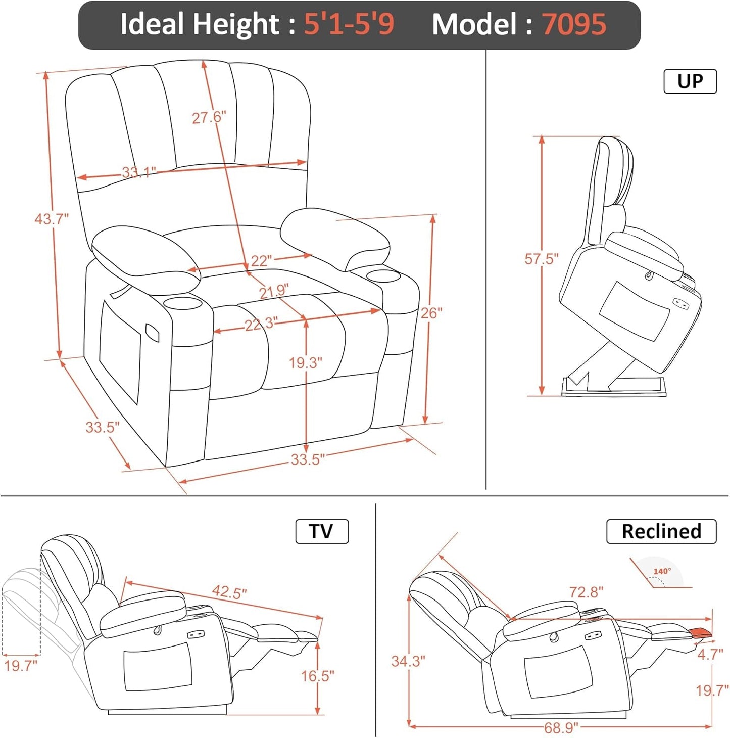 Power Lift Recliner Chair Sofa with Massage and Heat for Elderly People, Cup Holders, USB Ports, Side Pockets, Fabric 7095 (Medium-Regular, Grey)-2