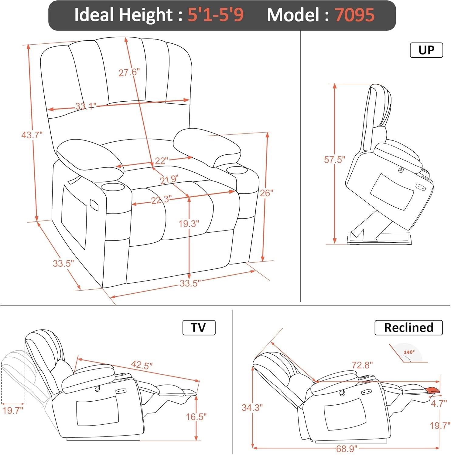 Power Lift Recliner Chair Sofa with Massage and Heat for Elderly People, Cup Holders, USB Ports, Side Pockets, Fabric 7095 (Medium-Regular, Grey)-2