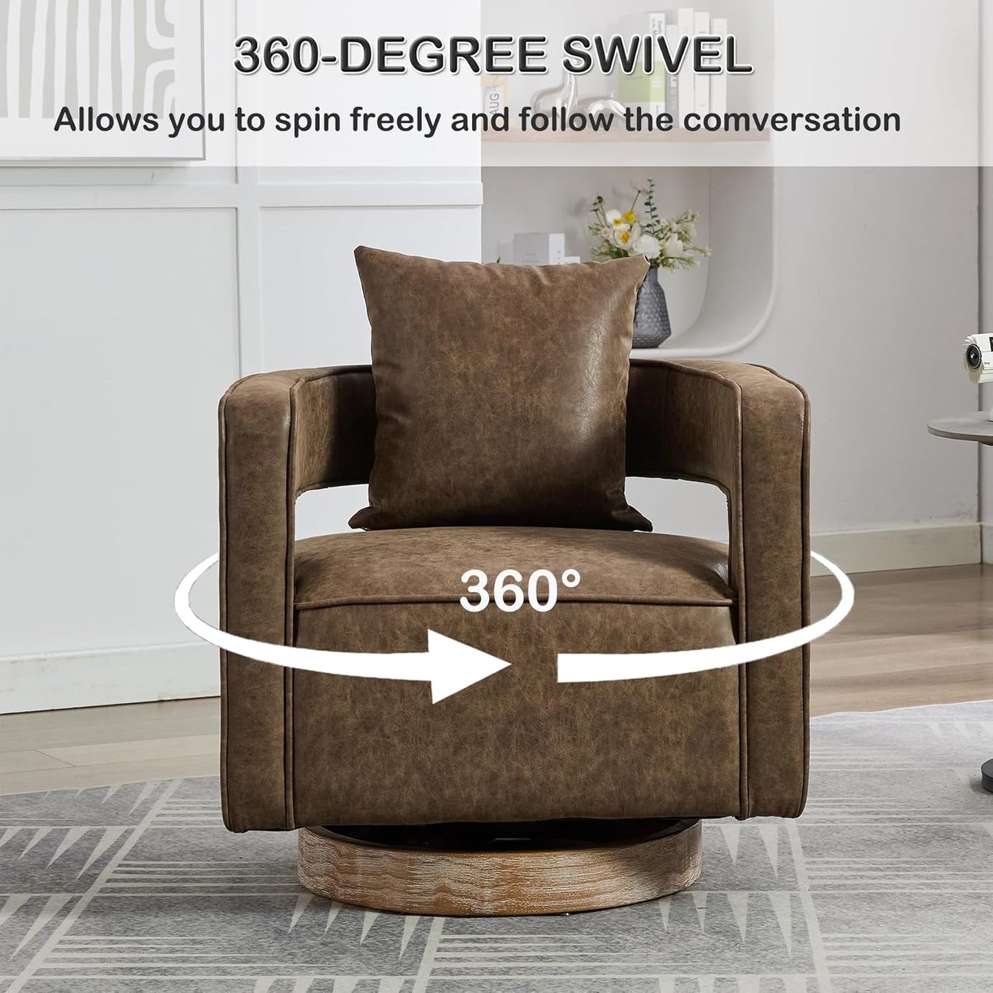 Swivel Accent Chair Set of 2, Modern Swivel Barrel Chair for Living Room, 360 Degree Comfy Square Swivel Chair with Open Back, Upholstered Armchair for Bedroom,Reading, PU Leather, Coffee-3