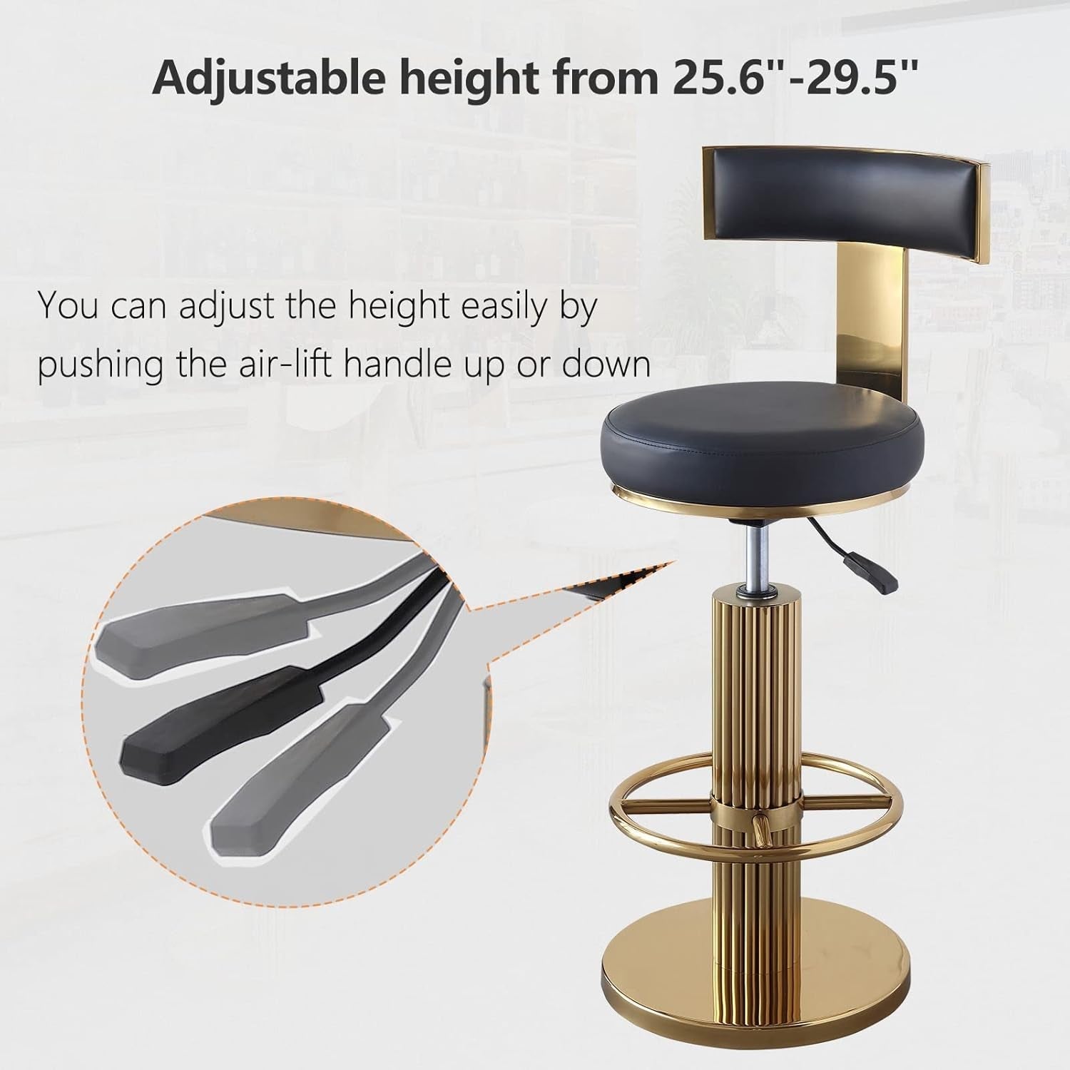 Swivel Bar Stools with Backrest, Modern Adjustable Height Counter Stool with Metal Legs and Comfortable Cushion, Black and Gold Bar Chair for Kitchen Island Counter (Black)-3