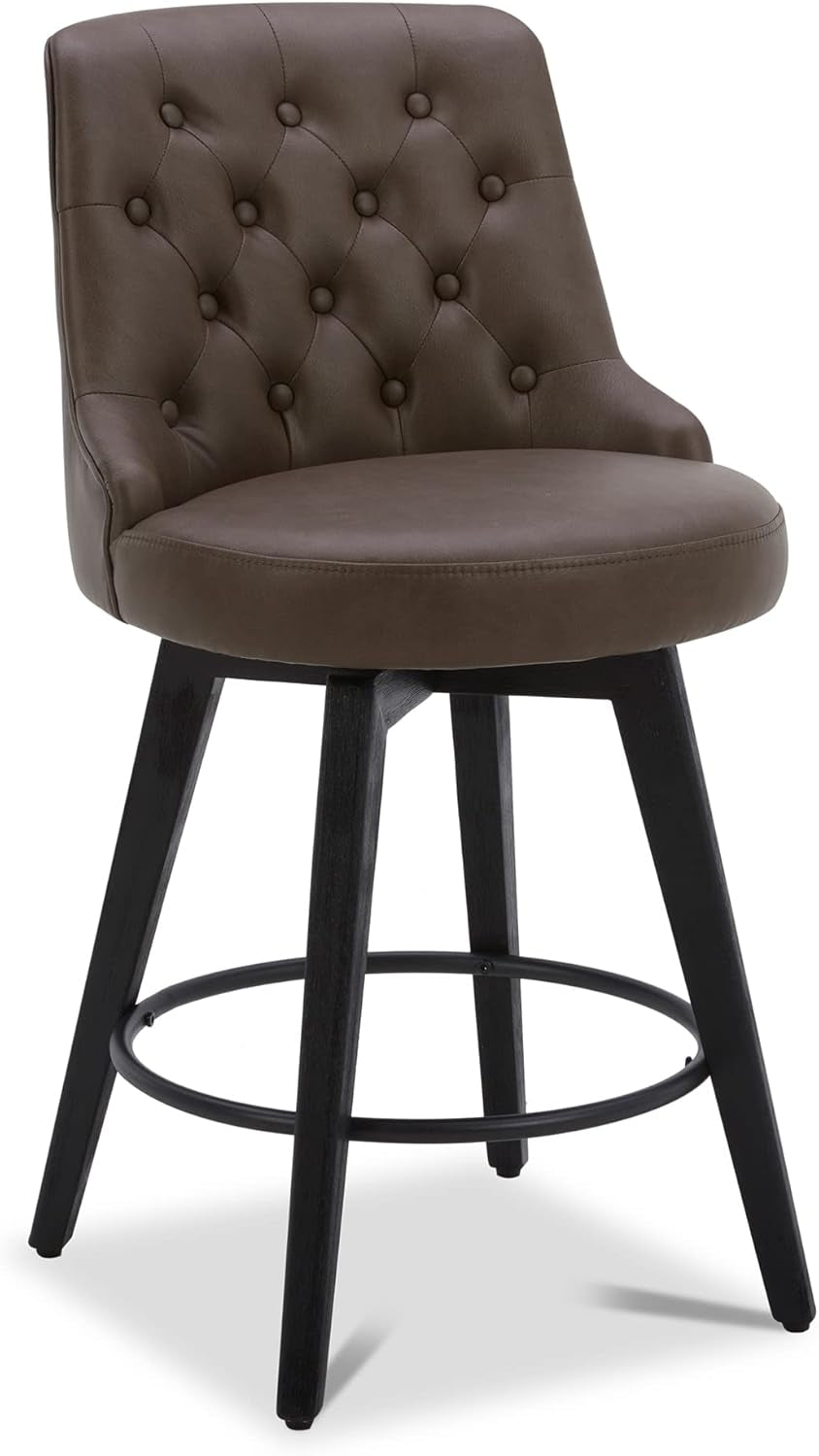 Counter Height Bar Stools, Faux Leather Upholstered Modern Swivel Barstool with Back, Solid Wood Legs, 26" H Seat, Chocolate-0