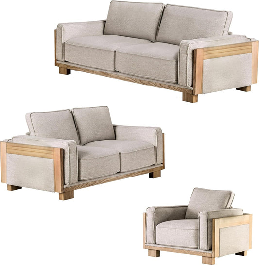 Oran Modern 3-Piece Fabric Upholstered Sofa Set with Track Arms and Reversible Loose Pillow Backs for Living Room, Home Office, Apartment, Light Brown and Natural-0