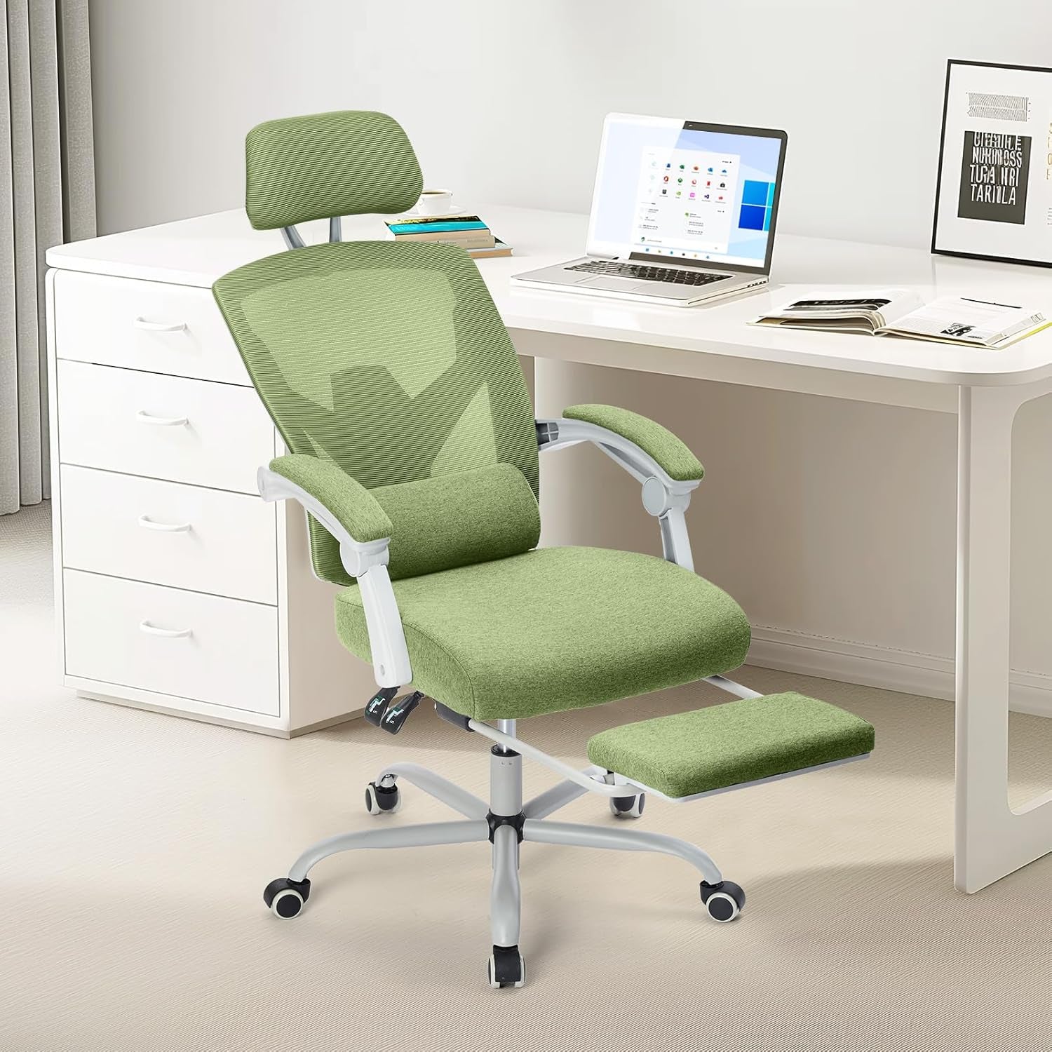 Office Computer Desk Chair, Ergonomic High-Back Mesh Rolling Work Swivel Chairs with Wheels, Comfortable Lumbar Support, Comfy Arms for Home, Bedroom, Study, Student, Green-0