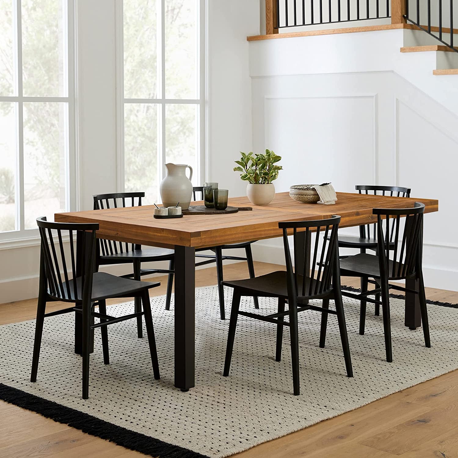 Dining Table for 6 Acacia Wood Indoor Outdoor Home Kitchen Table with Iron Legs Large Rectangular Patio Table for Deck, Sunroom-0