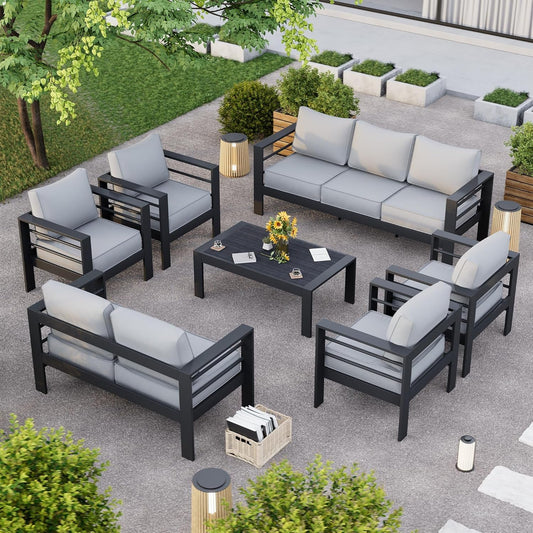 Aluminum Patio Furniture Set, 10 Piece Metal Outdoor Furniture Set, Patio Furniture Set with Waterproof Covers for Backyard Garden（Dark Grey&Light Grey）-0
