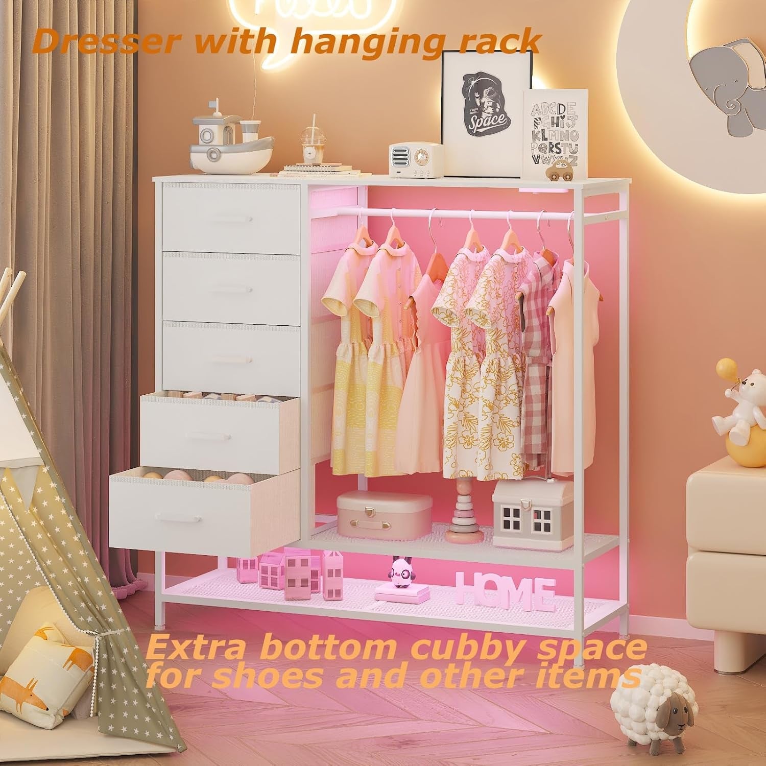 Dresser for Bedroom, Dresser with Hanging Rack Led Lights and Charging Station, White Bedroom Dresser with 5 Fabric Chest of Drawers with PU Finish Storage Organizer, for Living Room Kids Room, White-2
