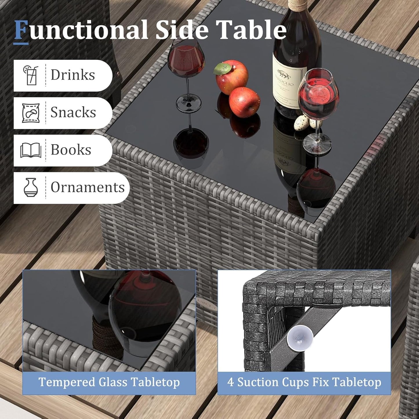 3 Piece Patio Furniture Set, Outdoor PE Rattan Conversation Set with Washable Cushions & Tempered Glass Tabletop, Wicker Chairs and Table Set for Porch, Garden, Balcony (Grey)-4