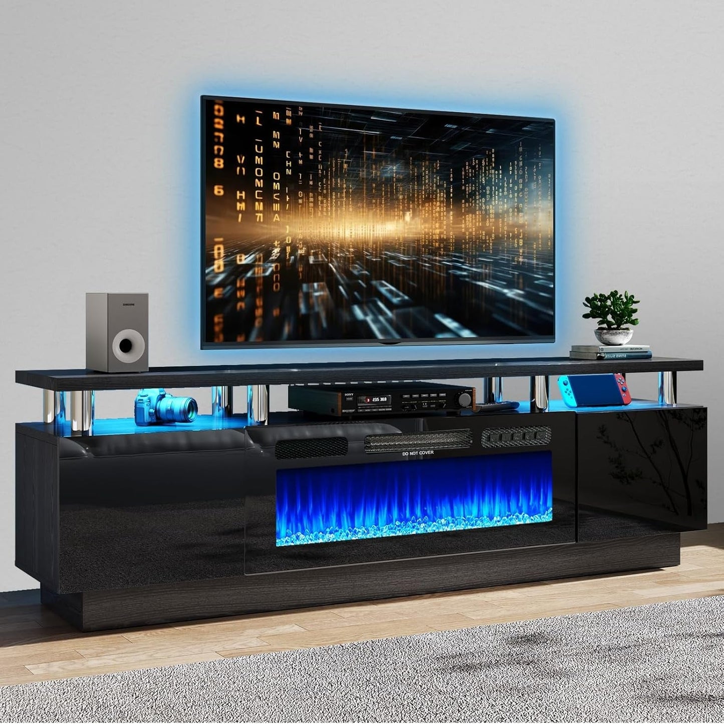 80" Modern Electric Fireplace TV Stand for Tvs up to 90 Inch, with Electronic Flame and LED Lights, Luxury High Gloss Finish Entertainment Center, TV Console Cabinet for Living Room, Black-0