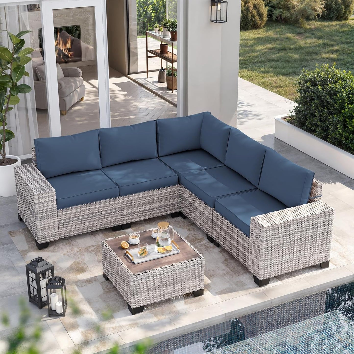 6-Piece Outdoor Patio Furniture Set Wicker Sectional Sofa Set, Patio Conversation Set with Thickened Cushions & Coffee Table for Garden, Backyard, Poolside, Blue-0