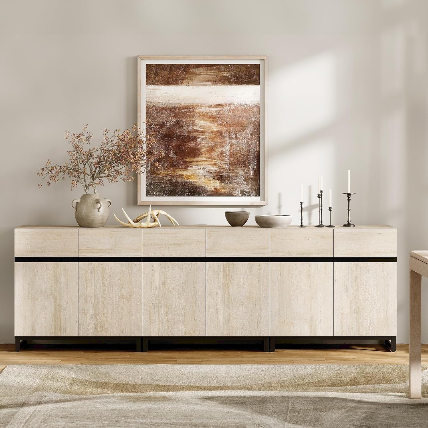 3 in 1 Multifunctional Sideboard Buffet Cabinets, Modern Sideboard with Adjustable Shelf and Metal Base, Coffee Bar Cabinet Storage Cabinet for Living Room,Kitchen,Light Oak-2