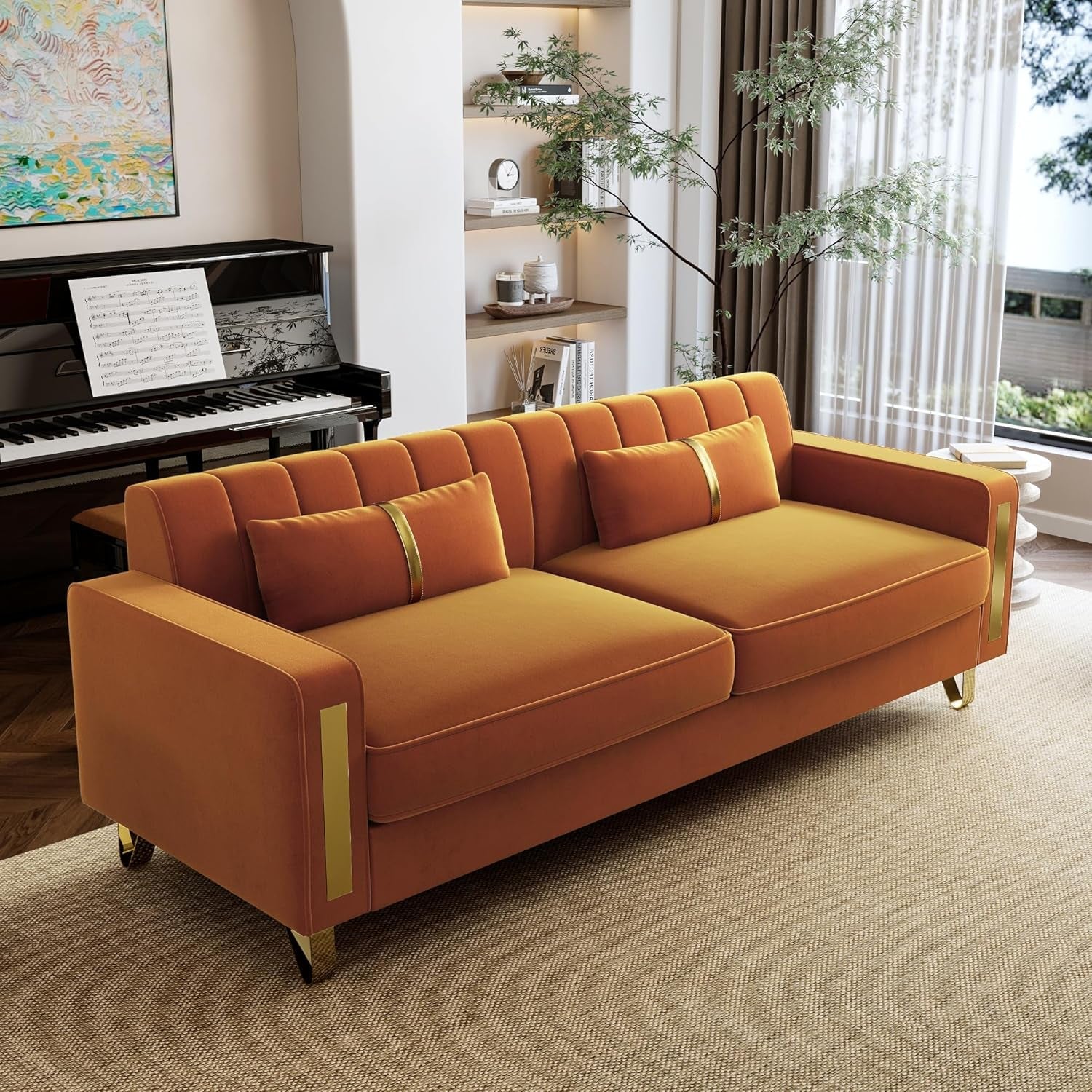 2-Piece Loveseat Couch Set for Living Room, 86" Orange Velvet Sofa Couch with 4 Pillows & Gold Metal Legs, Modern Upholstered Sofa Set Love Seat Sectional Couches for Apartment Home Office-2