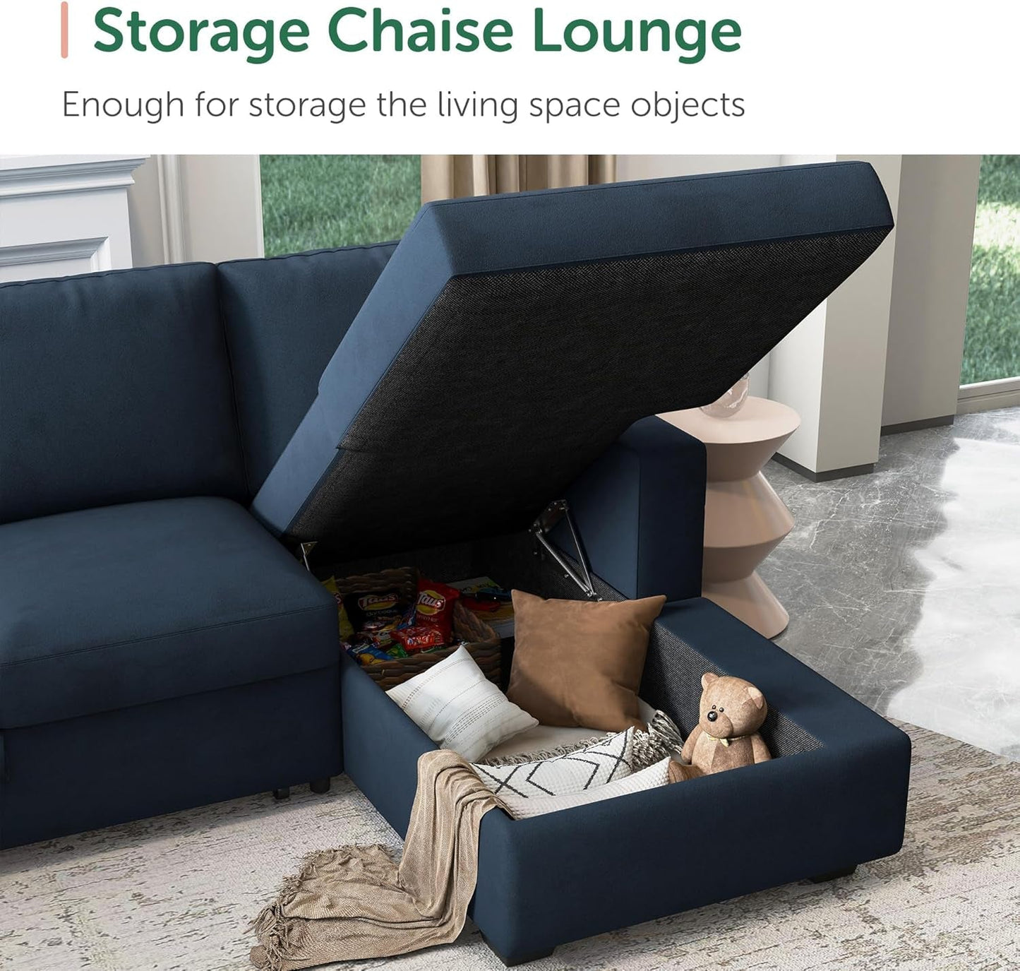 Velvet U-Sectional Sleeper Sofa, Pull-Out Bed, Blue-4