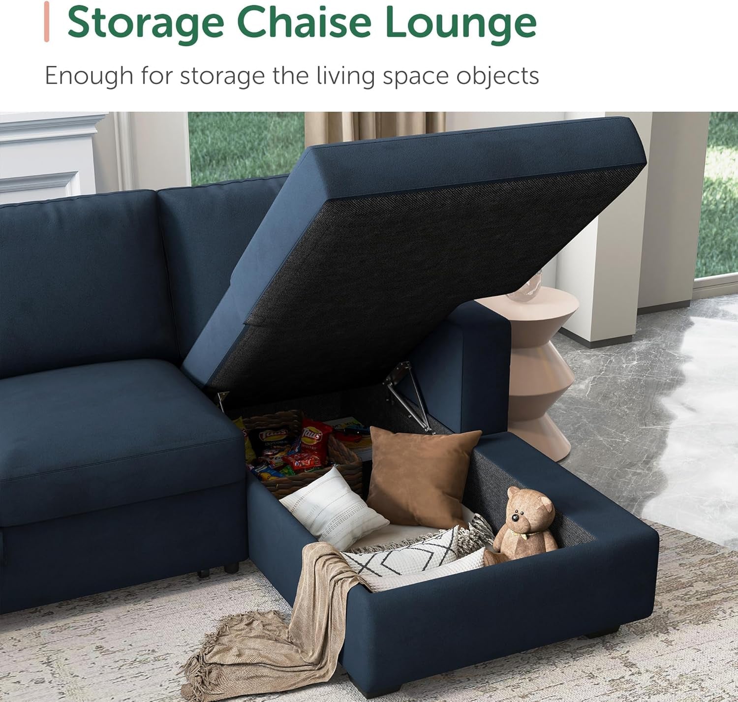 Velvet U-Sectional Sleeper Sofa, Pull-Out Bed, Blue-4