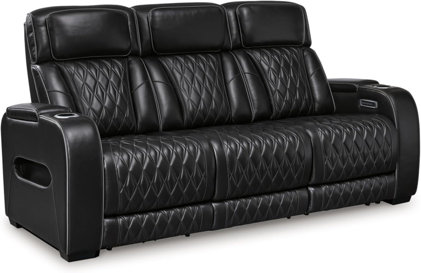 Boyington Contemporary Leather Match Power Reclining Sofa with Adjustable Headrest, Cup Holder, USB Charging Ports, Air Massage System and LED Lighting, Black-2