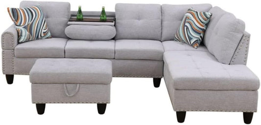 Grey White Flannel L-Shaped Sectional Sofa Ottoman-1