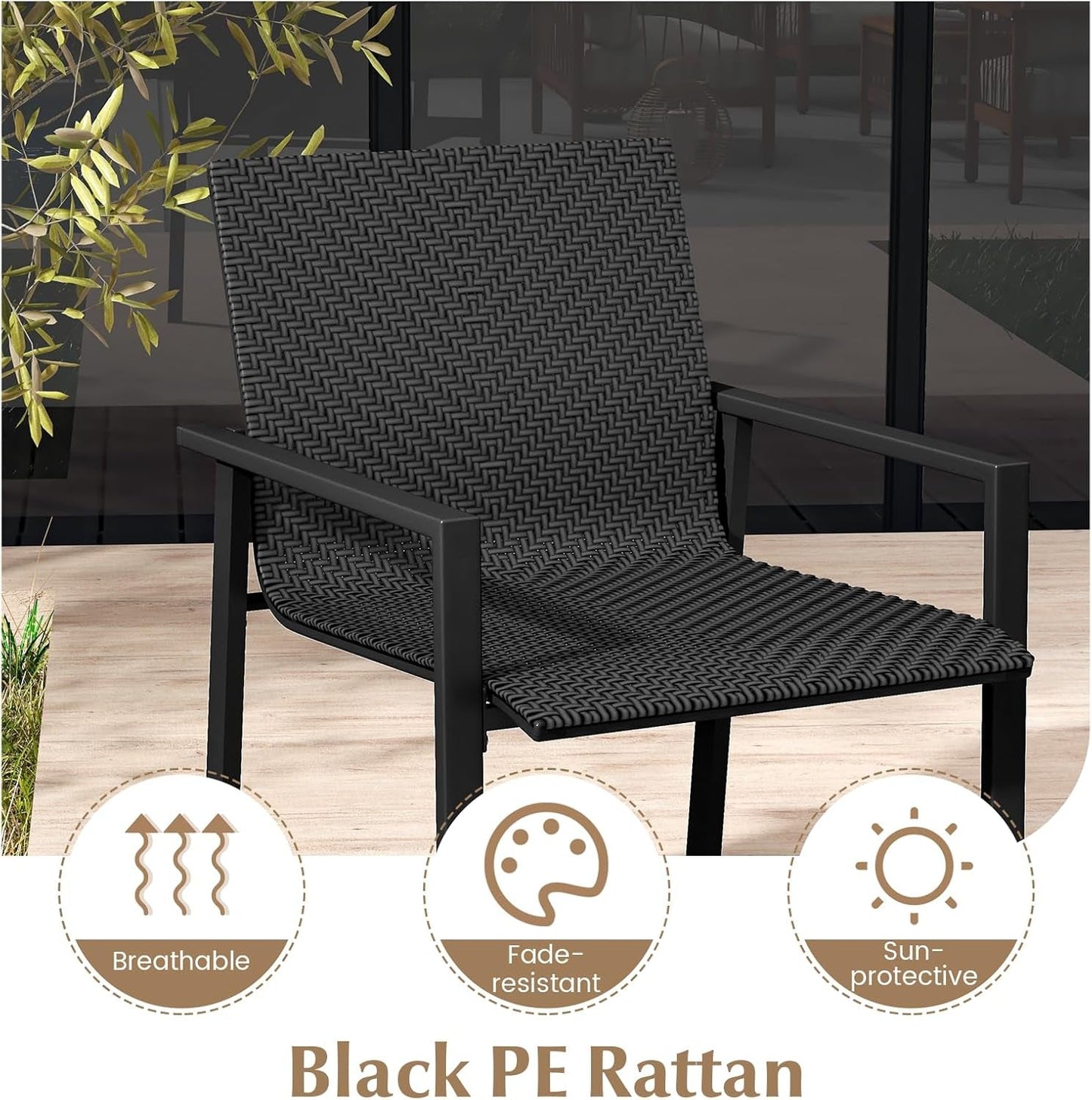 4 Pieces Wicker Patio Conversation Set with Coffee Table, PE Rattan Chairs with Galvanized Metal Frame, Outdoor Table and Chairs Set for Small Space, Balcony, Poolside, Backyard (Black)-4
