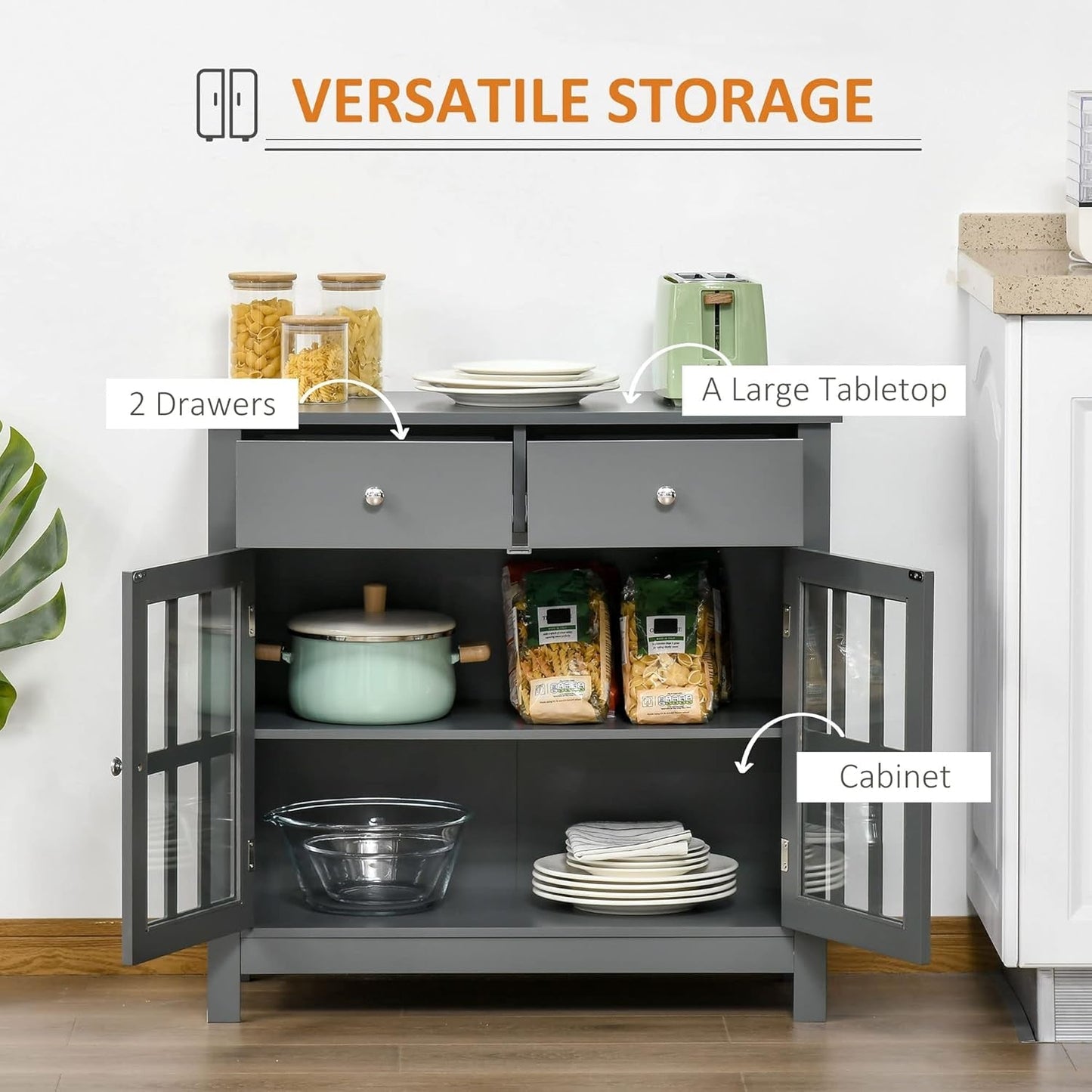 Gray Glass Door Kitchen Cabinet with Drawers-3