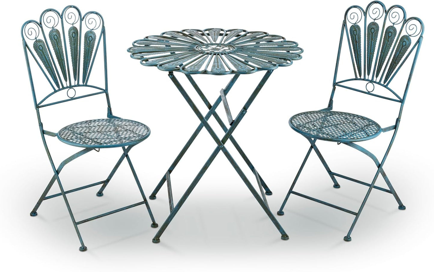 Indoor/Outdoor 3-Piece Peacock Feather Rustic Metal Bistro Set Patio Seating, Light Blue-0