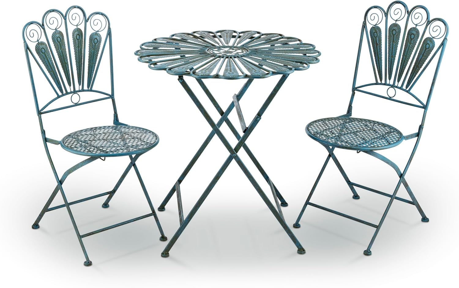 Indoor/Outdoor 3-Piece Peacock Feather Rustic Metal Bistro Set Patio Seating, Light Blue-0
